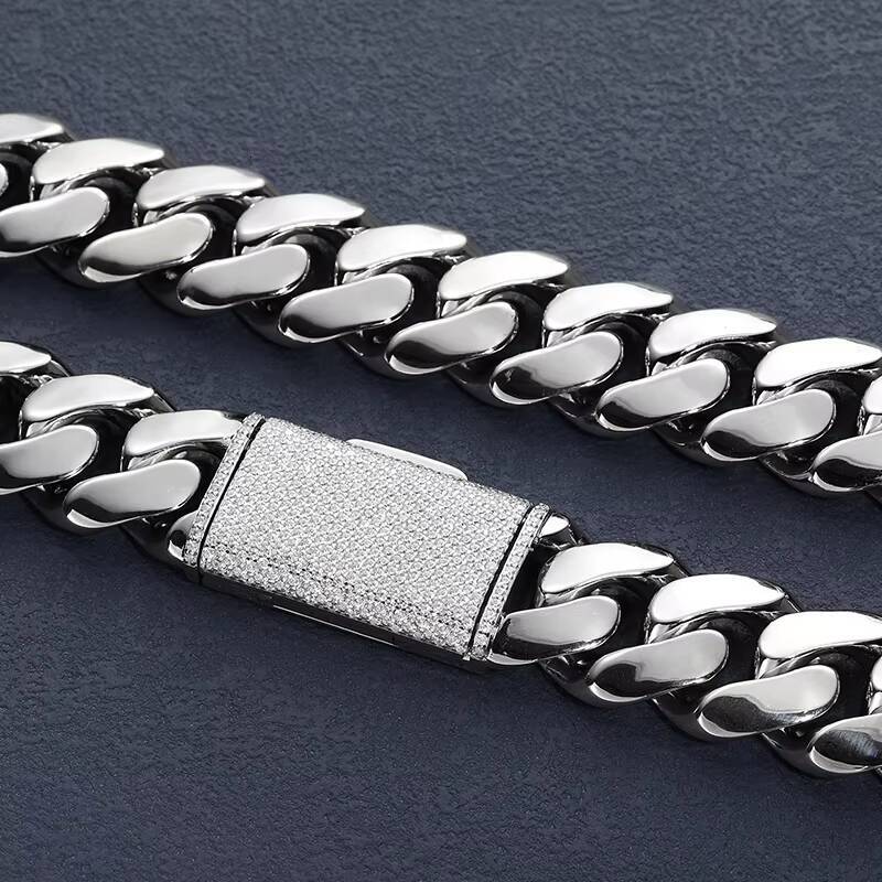 Dropshipping Hip Hop Jewelry 20mm Sterling Silver VVS Moissanite Iced Out Box Clasp Miami Cuban Link Chain Necklace for Men