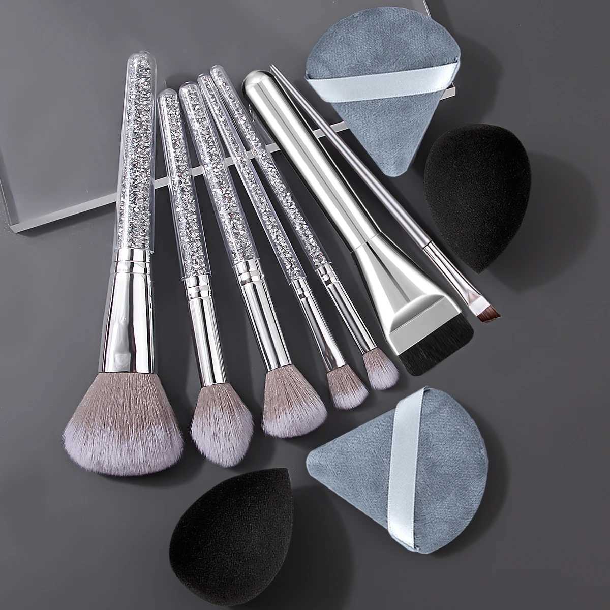 11PCS Diamond Handle Makeup Brush Set Flat-head Brush/Blade Eyeliner Brush Soft Makeup Sponge Egg Powder PuffT251205