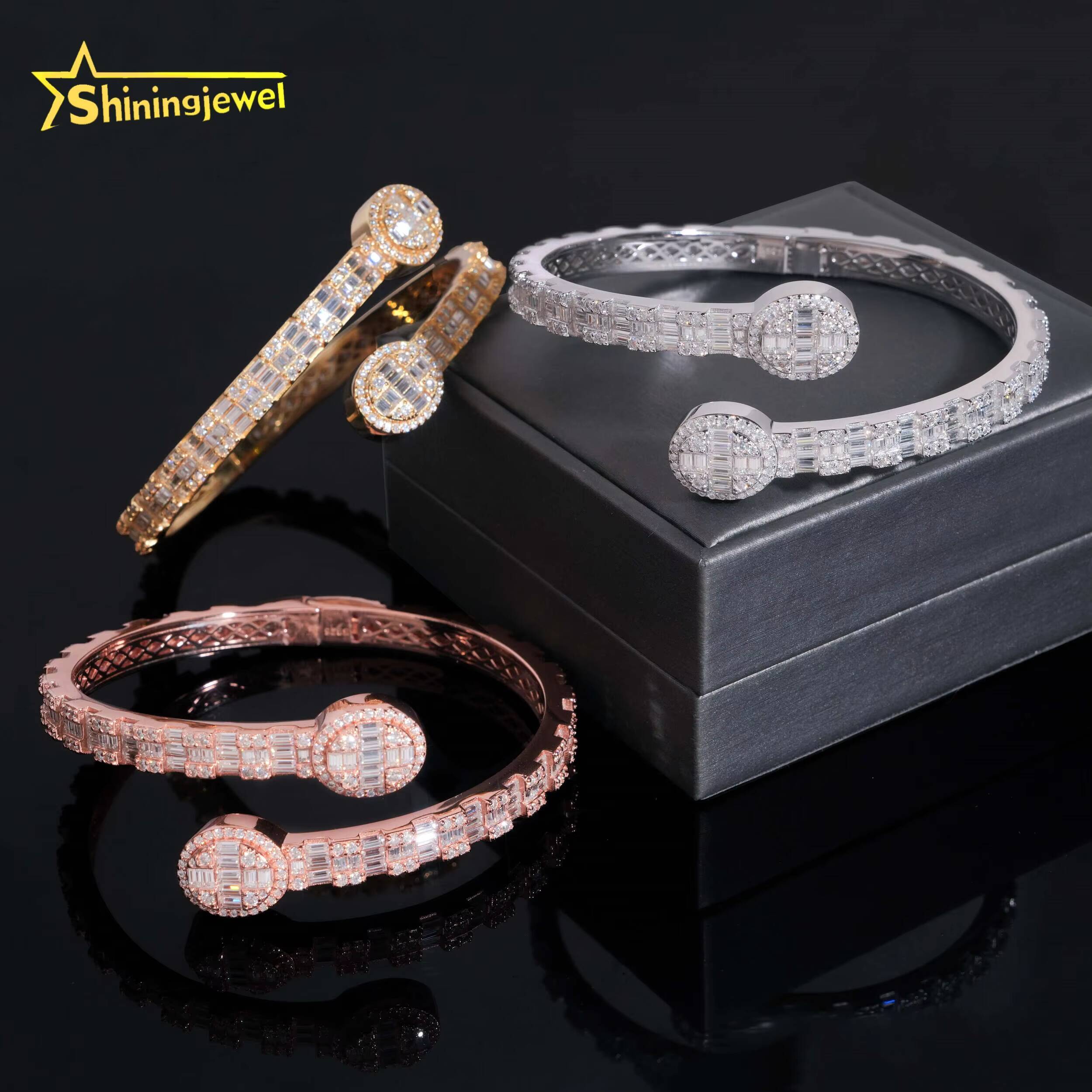 Pass Tester 925 Sterling Silver Hip Hop Jewelry Iced Out Baguette Moissanite Diamond Oval Shape Bracelet Bangle