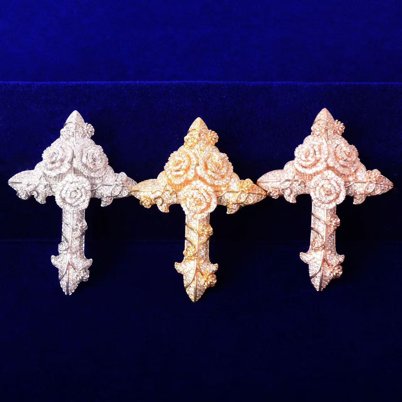 Fashion Man Jewelry Rose Gold Color Hip Hop Pendant S925 VVS1 Moissanite Diamond Rose Cross Pendant Cuban Chain Necklace Set