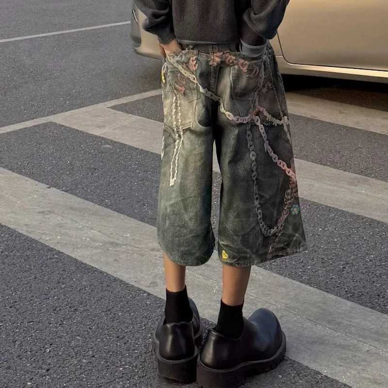 3D Candy Chain Print Baggy Jeans Shorts for Men Streetwear Summer Wide Leg Patchwork Casual Loose Knee Length Pants Oversized X251205