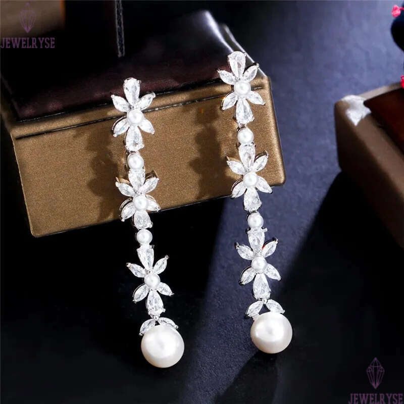 Luxury Long Dangle Charm Faux Pearl Bridal Earrings Wedding Designer Earring for Woman White AAA Cubic Zirconia Drop Leaf Womens Engagement Jewelry Gi