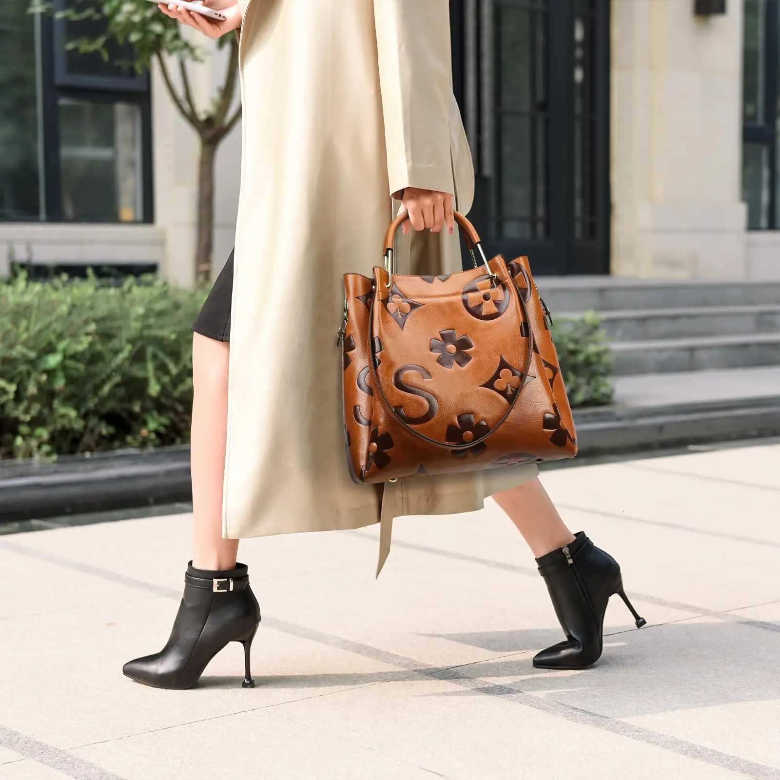 Womens Top-handle Handbags Large Shoulder Bag Embossed Leather Top Handle Handbag Set Ladies Bucket Hobo Tote For Work TravelT251205