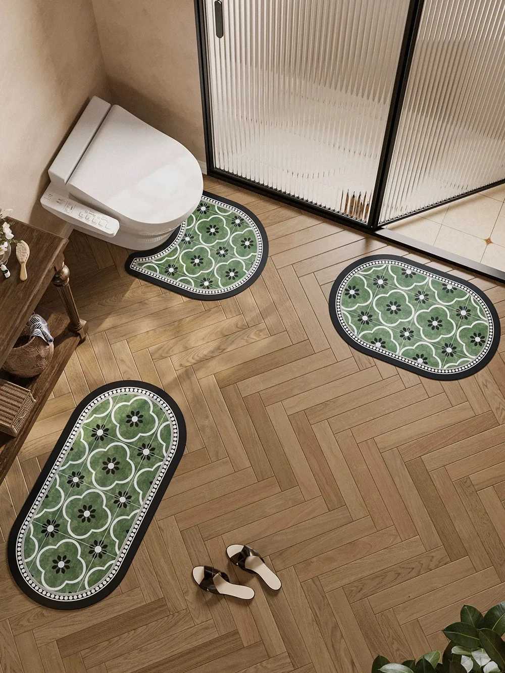 Retro Bathroom Super Absorbent Foot Pad Floor Mat Non-slip Bathmat U-shaped Closestool Three-piece Suit Bathtub Carpet Quick Dry H251205