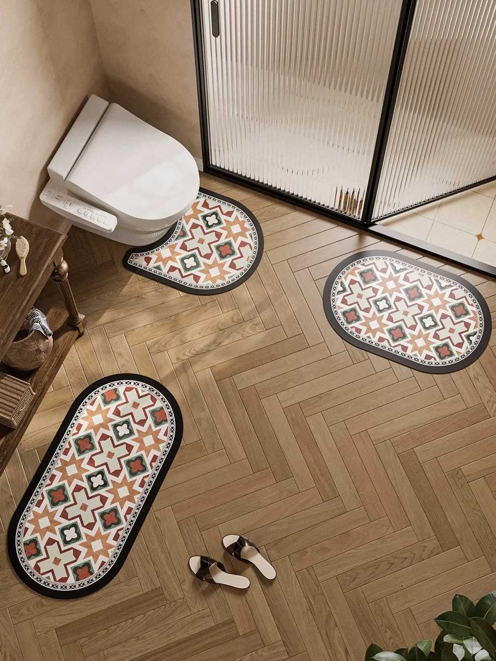 Retro Pattern Bathmat U-shaped Closestool Bathroom Floor Mat Three-piece Suit Super Absorbent Foot Pads Bathtub Carpet Quick Dry H251205