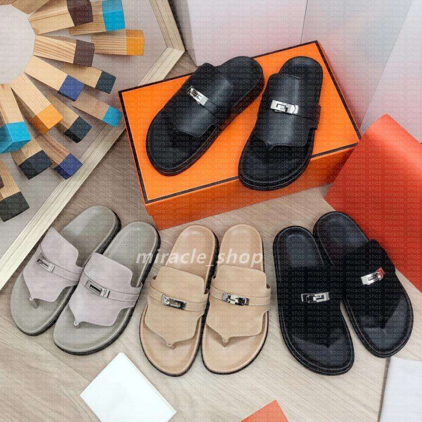 H Slippers Designer Womens empire flip flops Sandal Suede leather Slide Men Slippers Fashion Luxury Genuine Leather Beach Shoes Slip Miter Bottom Rubber Slides 42