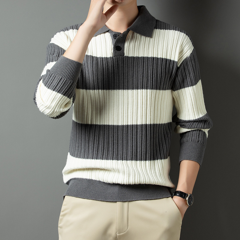 Mens Fashion Striped Button Polo Collar Long Sleeve Pullover Knitted Sweater Mens Casual Slim Fit Sweater Top 240906