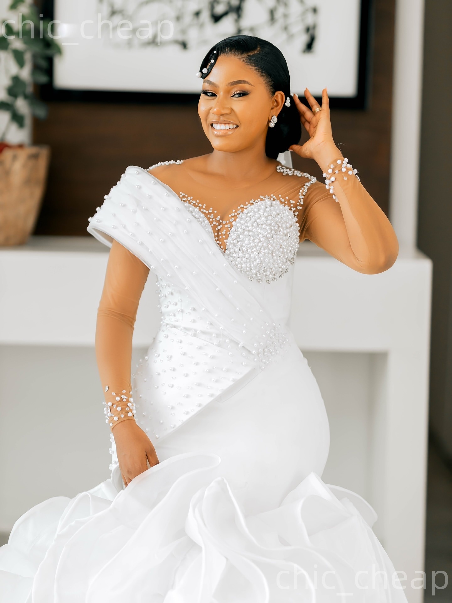 2026 Arabic Aso Ebi Plus Size White Wedding Dresses Sheer Neck Full Sleeves Pearls Organza Tiers Elegant Bridal Gowns Dress For Brides ZJ2055