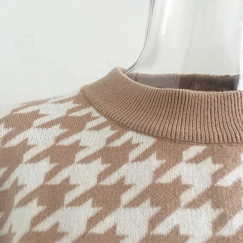 Women Geometric Khaki Knitted Sweater Women Casual Houndstooth Lady Pullover Sweater Female Autumn Winter Retro Jumper J251205