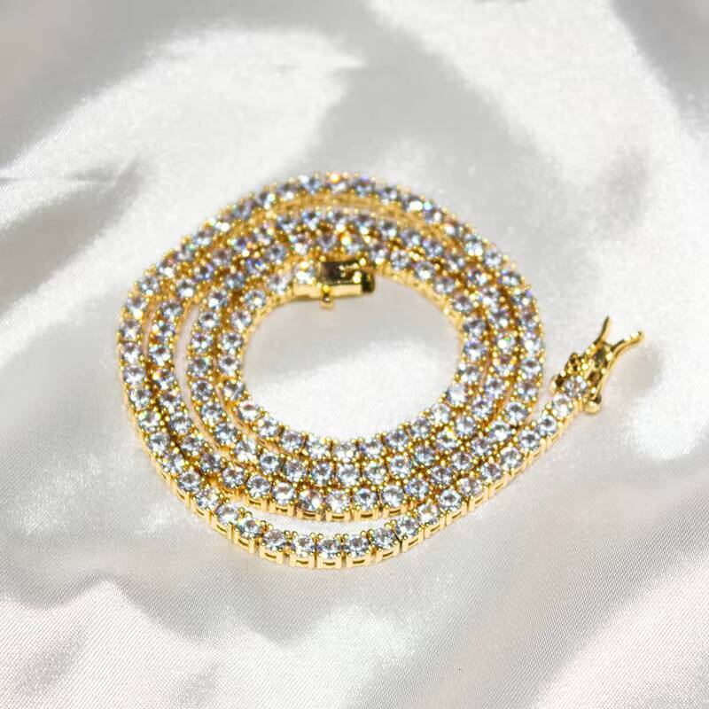Hot Sale Moissanite Tennis Chain 925 Silver Gold Plated Mossinate 4mm Tennis Chain Moissanite