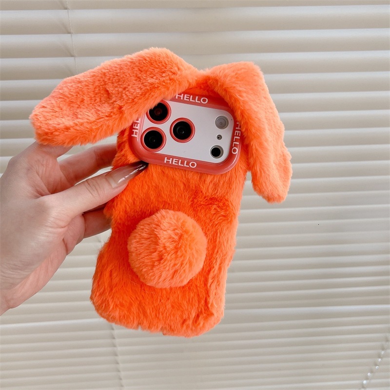 Autumn and Winter Plush Bunny Ears Compatible with iPhone 17 Pro Max Apple 16 Phone 15 Solid Color Hand Warmer Case 14