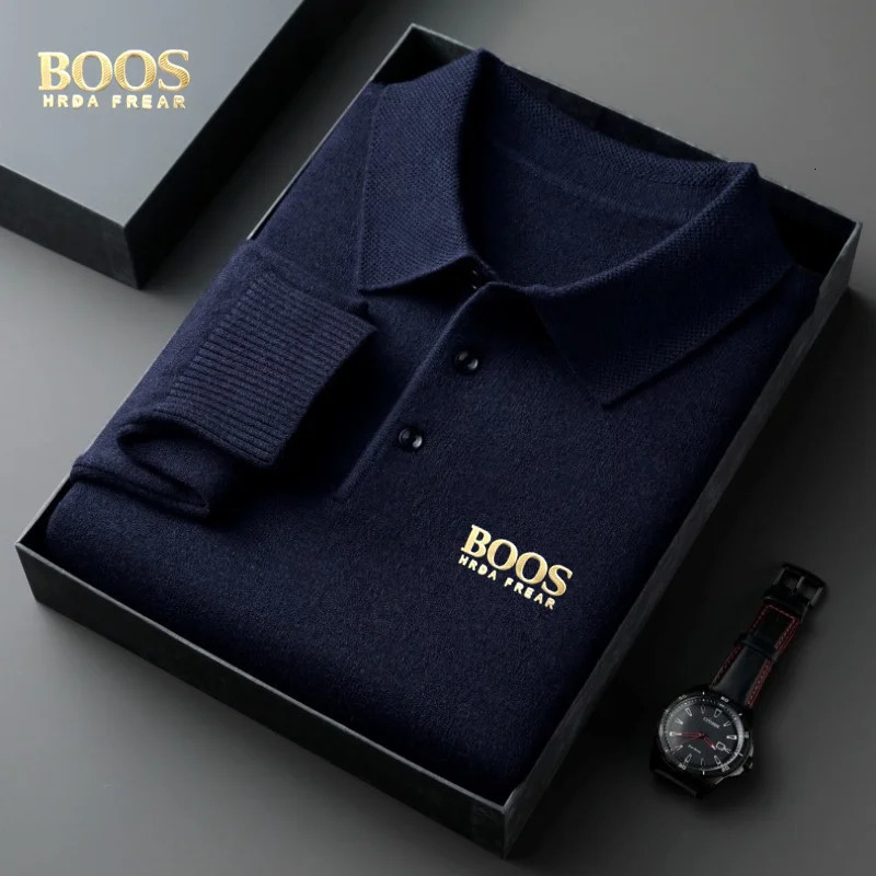 BOOS HRDAFREAR autumn and winter wool collar long sleeved mens knitted polo shirt solid color middle-aged base sweatermen c 251204