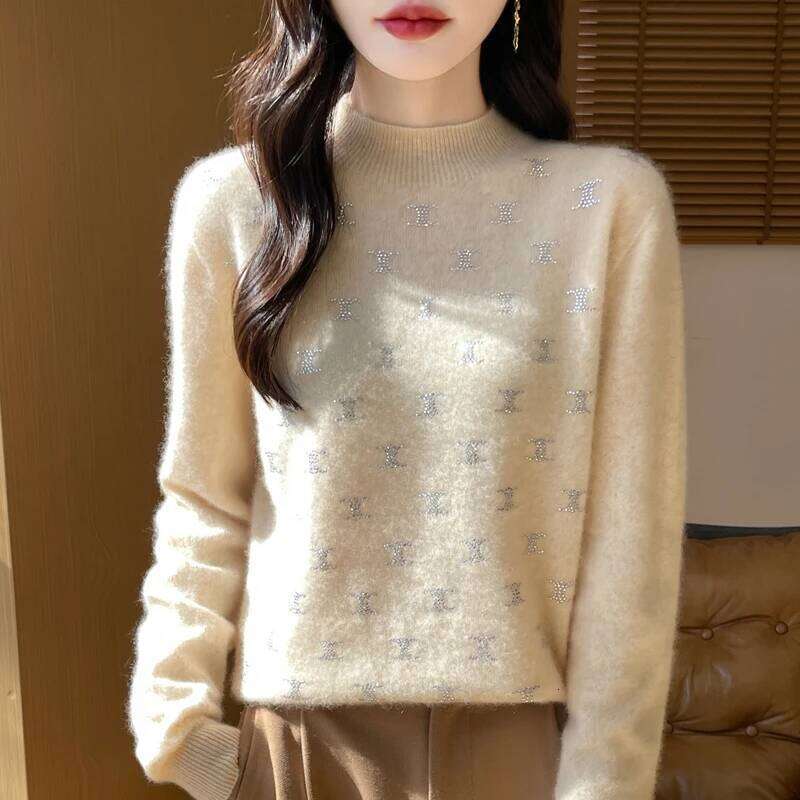 Women Fine Thickening Sweater Half-High Collar Leaf Studded With Diamonds Pullover Female Knitted Basis Tops Autumn Winter