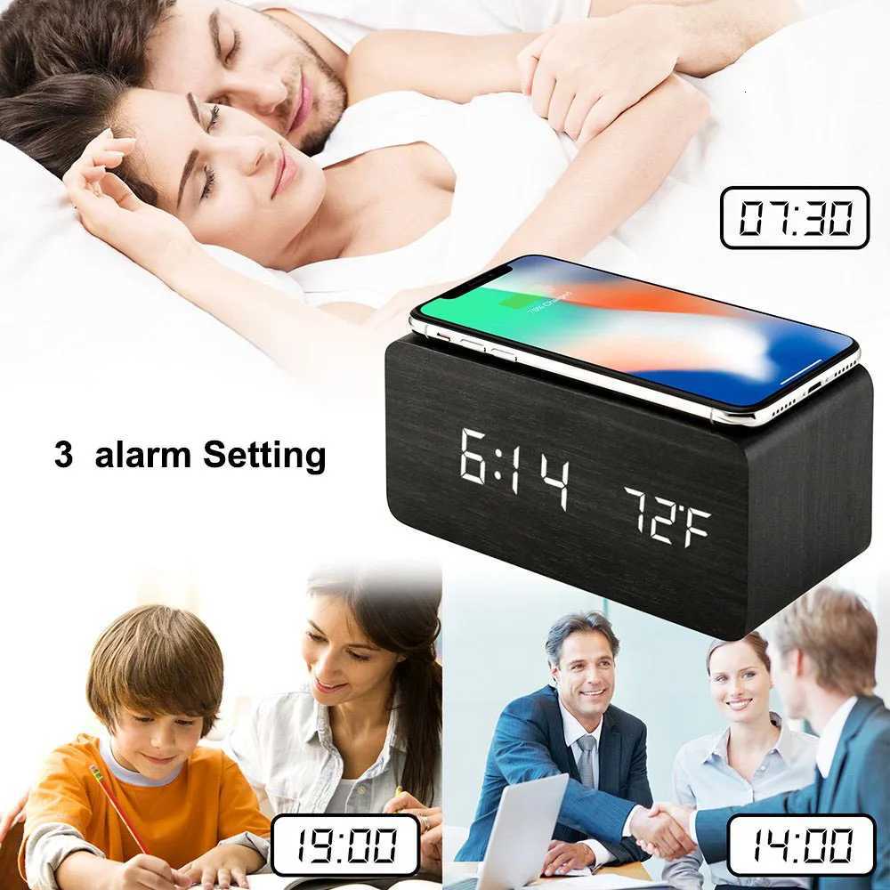 Wooden Desk Digital Clock Phone Chargers LED Display Temperature Wooden Digital Alarm Clock Wireless Charger Desk Table Clocks M251205 - view 6