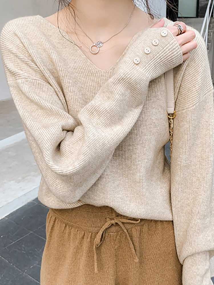 2025 Autumn Winter V Neck Sweater Pullovers Women Loose Button Pullover Women Soft Sweater Jumper Fashion Tops J251205