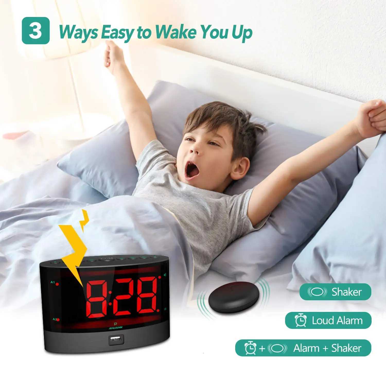 ANJANK Loud Alarm Clock for Heavy Sleepers with Wireless Bed ShakerVibrating for Deaf /Hearing-impairedDual AlarmUSB Charger M251205 - view 4