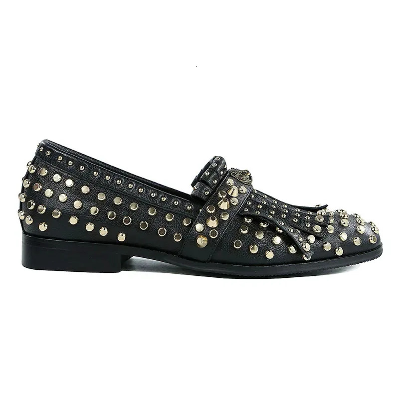 Handmade Rivet Tassel Dress Shoes Man Pointed Toe Black Real Cow Leather Slip On Flats Male Party Shoes 251204