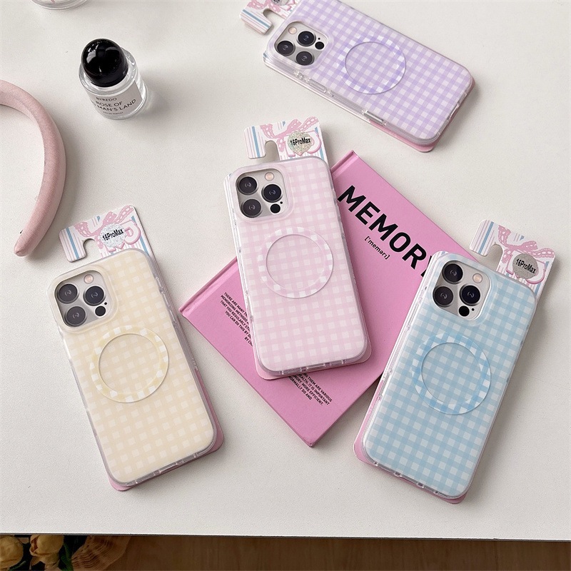 Korean Style Magnetic Solid Color Plaid iPhone 17 Apple 16 Pro Max Phone Case for Women 15/14 Rounded Edges
