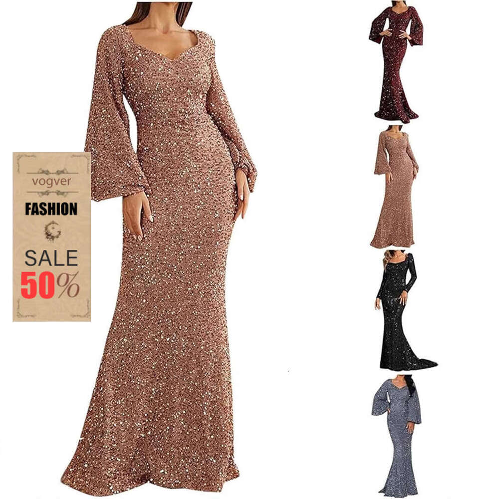 Evening Dress For Women Luxury Designer 2026 New Fashion V-Neck Bodycon Sequin Dress Mid-Waist Flared Sleeve Long Evening Gown