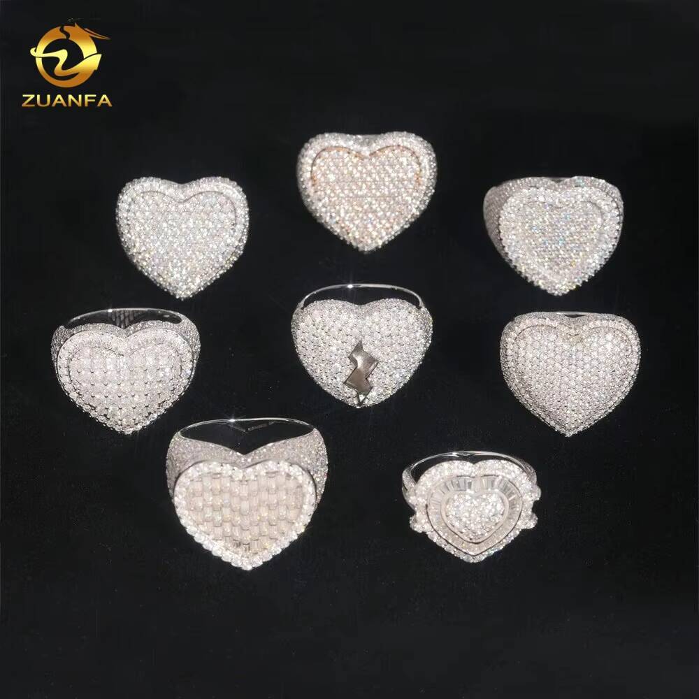 High Quality VVS Moissanite Jewelry 7Designs Heart Shape Ring Iced Out Diamond 925 Silver Fine Hip Hop Jewelry Men Ring