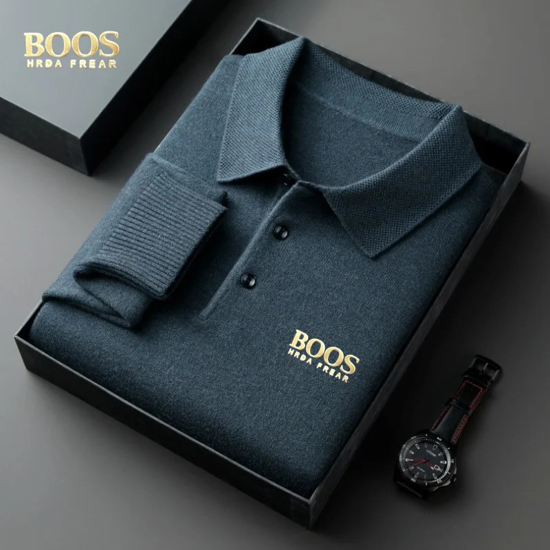 BOOS HRDAFREAR autumn and winter wool collar long sleeved mens knitted polo shirt solid color middle-aged base sweatermen c 251204