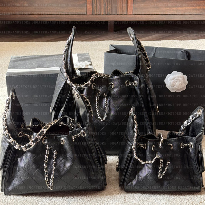 7A Designer Shoulder Womans Hobo Bags Silver Snap Classic Check Pattern Black Waxed Cowhide Hobo Double-strand Drawstring Bucket Bag