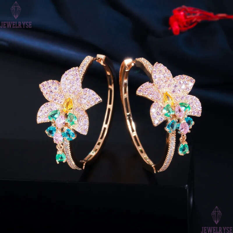 Fashion Hoop Crystal AAA Cubic Zirconia Flowers Designer Earrings Copper Colorful CZ Circle Earring Gold Jewelry Valentines Day For Women Party Gift