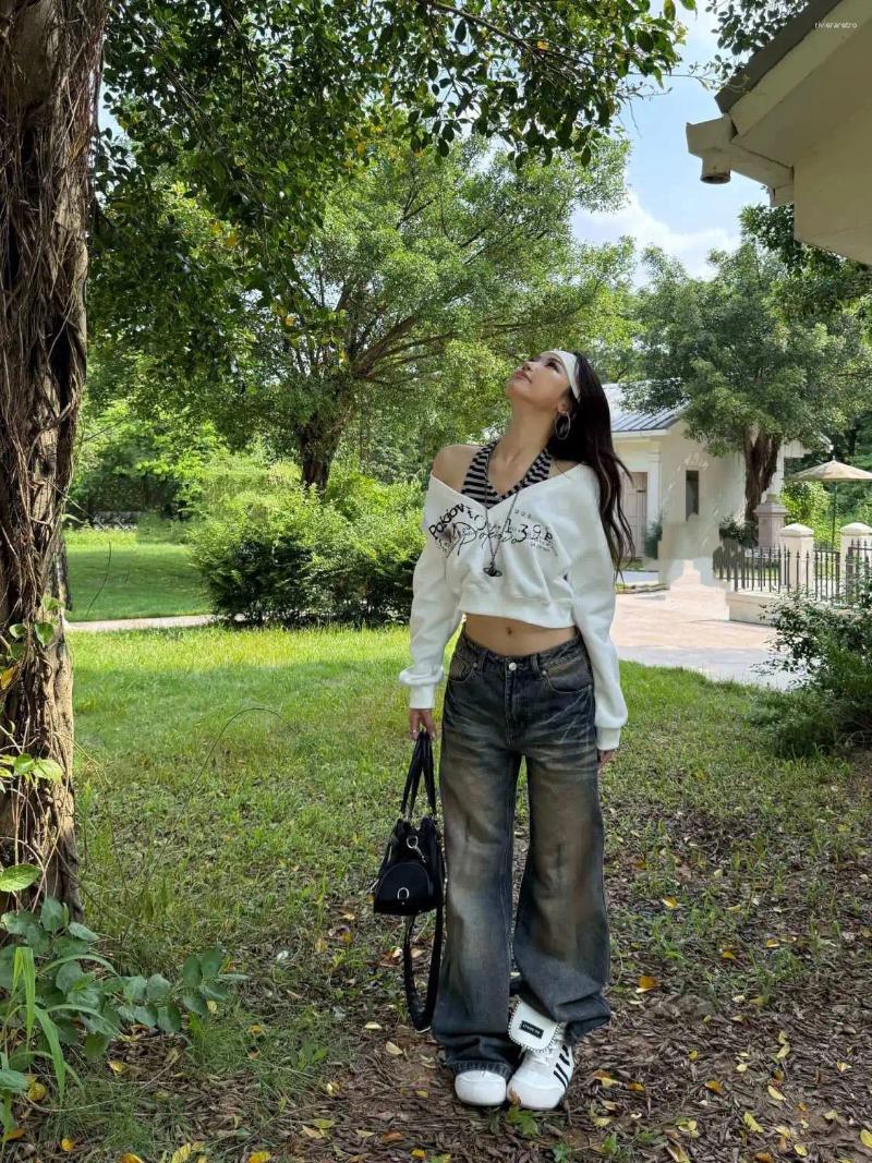 Women's Jeans Retro Punk Goth Washed Women Y2K Streetwear Distressed Dirty Dyed Harajuku Street Loose Casual Straight Wide Leg Z260313