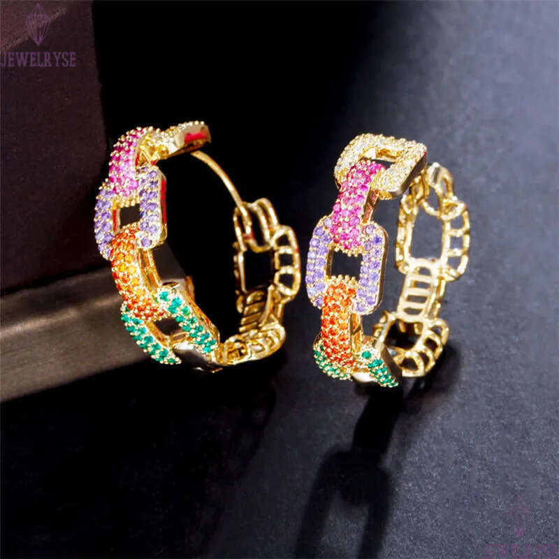 Luxurious Gold Cuba Link Diamond Designer Hoop Earring for Woman Party Colorful AAA Cubic Zirconia Copper Circle Fashion Womens Earrings Hip Hop Jewel