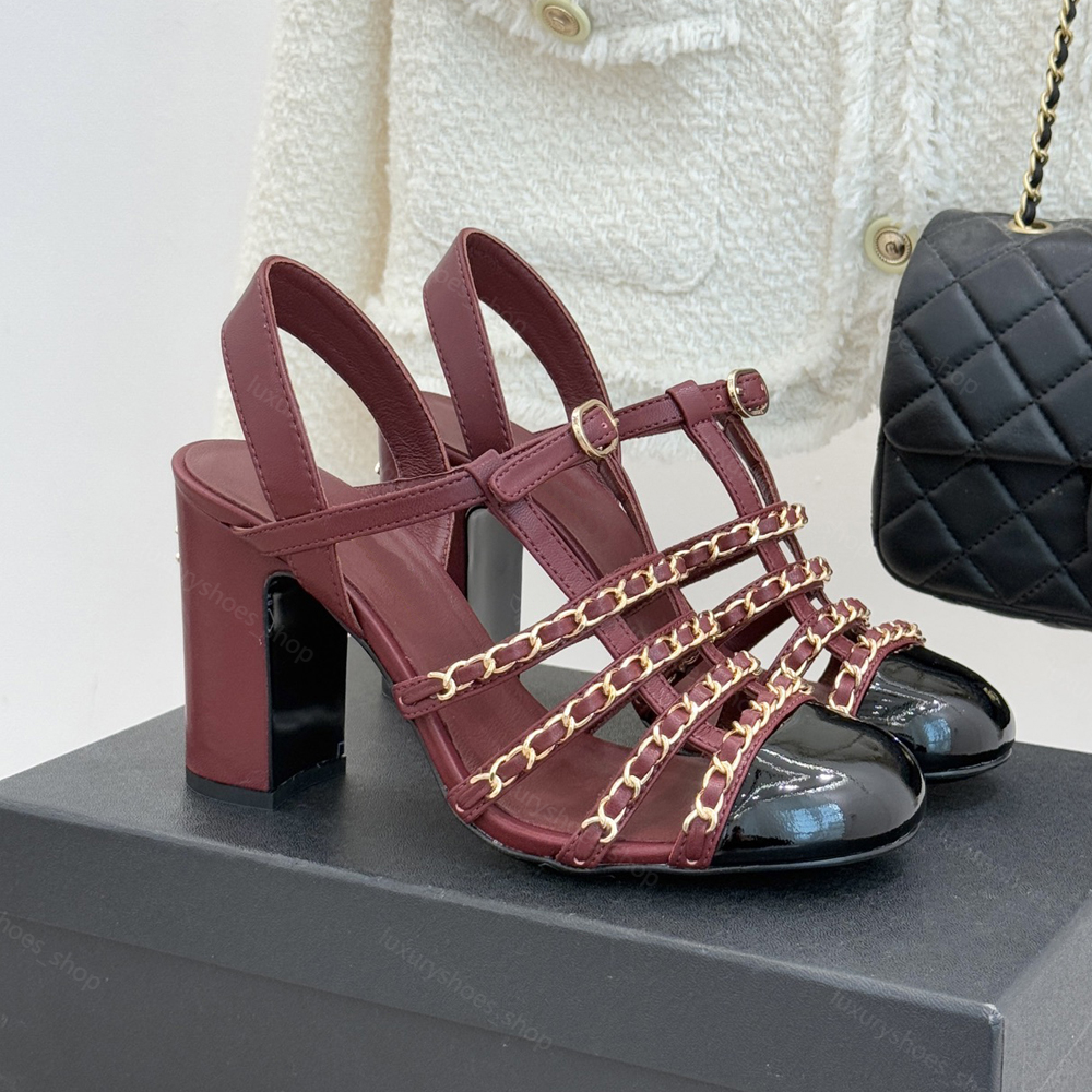 Designer Sandals Chunky Heels T-Strap Woven Leather Sandals with Round Toe Slingback for Ladies with box Career Related Functions shoe 35-41