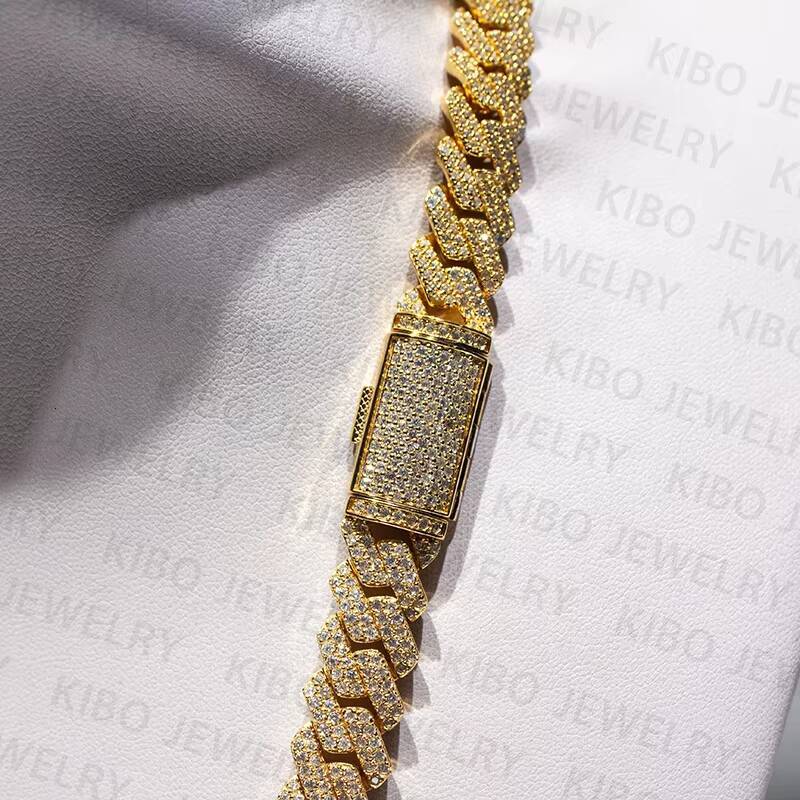 Luxury Hip Hop Jewelry Gold Plated 12MM Prong Setting 925 Silver VVS Moissanite Cuban Link Chain Necklace