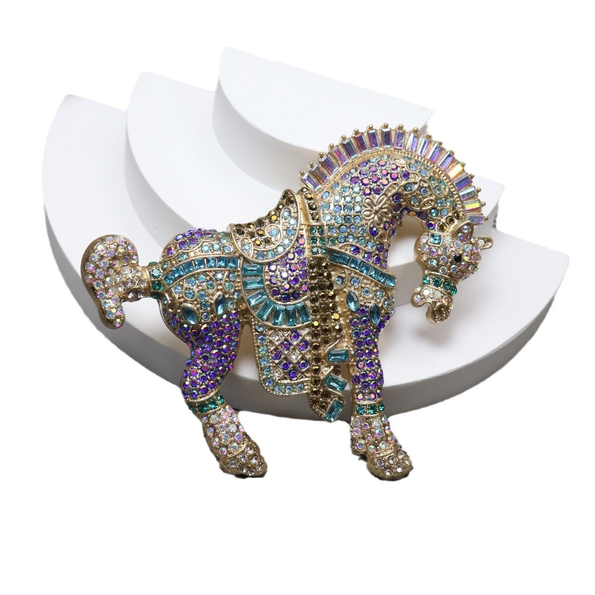 Vintage Heavy Industry HEID/I DAU/S Crystal Inlaid Diamond Tang Sancai Horse Brooch Necklace Set Accessories Marked