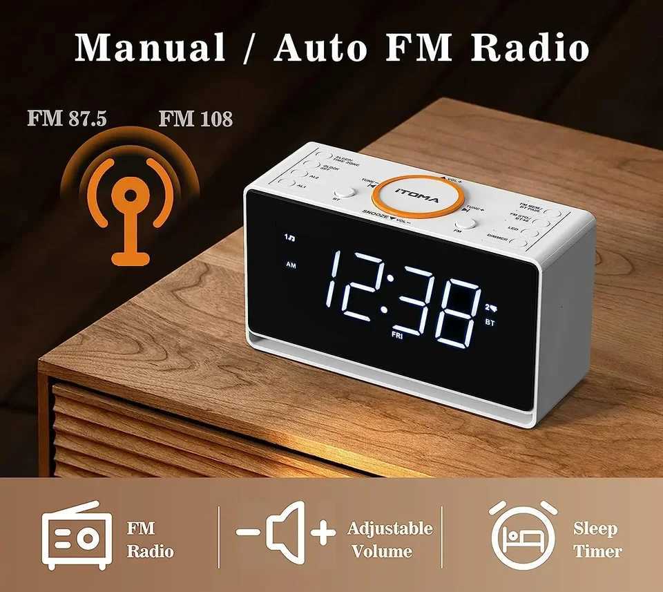 Alarm Clock Radio 14 White LED Display Clock with Bluetooth FM Radio Dual Alarm Sleep Timer Snooze Auto Manual Dimmer M251205 - view 4
