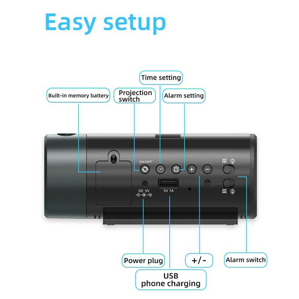 Projection Digital Alarm Clock with 180 Rotatable Projector Clear LED Display4-Level Brightness Dimmer for Bedroom M251205 - view 6