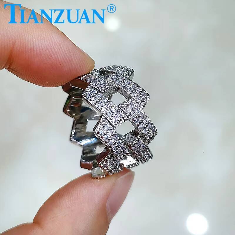 14mm Sterling 925 Silver Two Rows Solid Hip Hop Moissanite Ring Men Women Round Brilliant Diamonds Engagement Male Jewelry