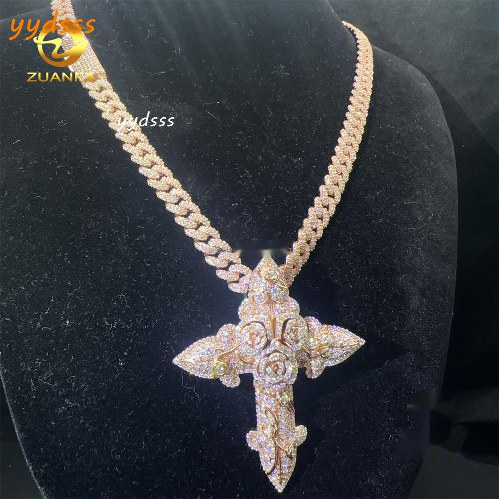 Fashion Man Jewelry Rose Gold Color Hip Hop Pendant S925 VVS1 Moissanite Diamond Rose Cross Pendant Cuban Chain Necklace Set
