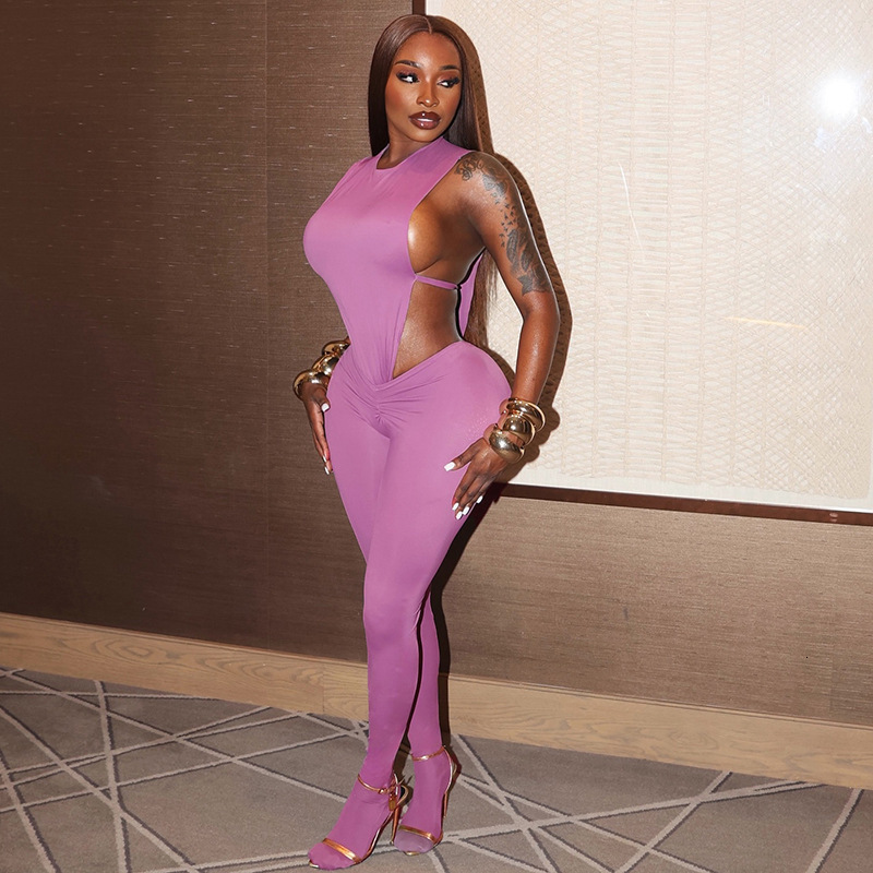 J25ST290 Hot Girl Womens Sleeveless Side Hollow Out Bodysuit Tight Long Pants Two-Piece Set 240808