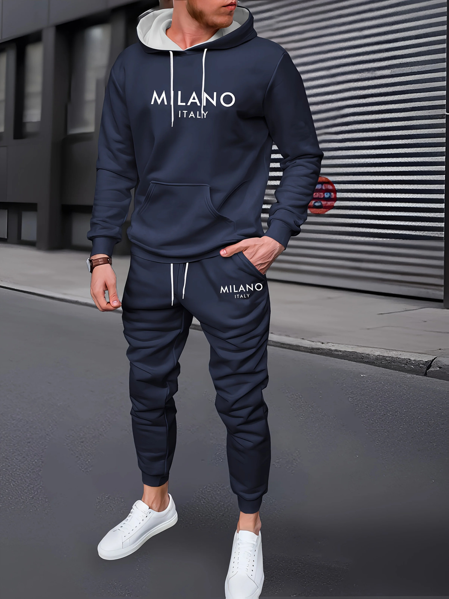 Mens Autumn/Winter Casual Warm MILANO ITALY Letter Printed Loose Thick Velvet Sports HoodieSweatpants Set 251204