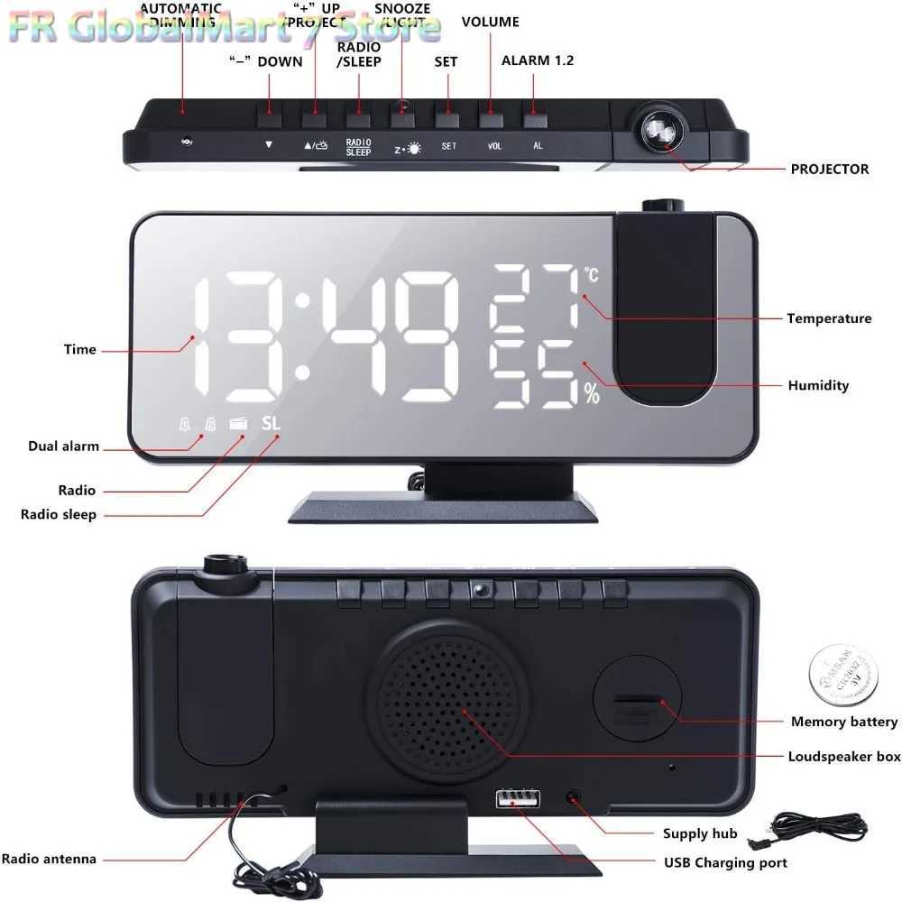 LED Screen Digital USB Wake Up FM Radio Time Projector Week Table with Date Temperature Humidity Decor Display Home Clock M251205 - view 7