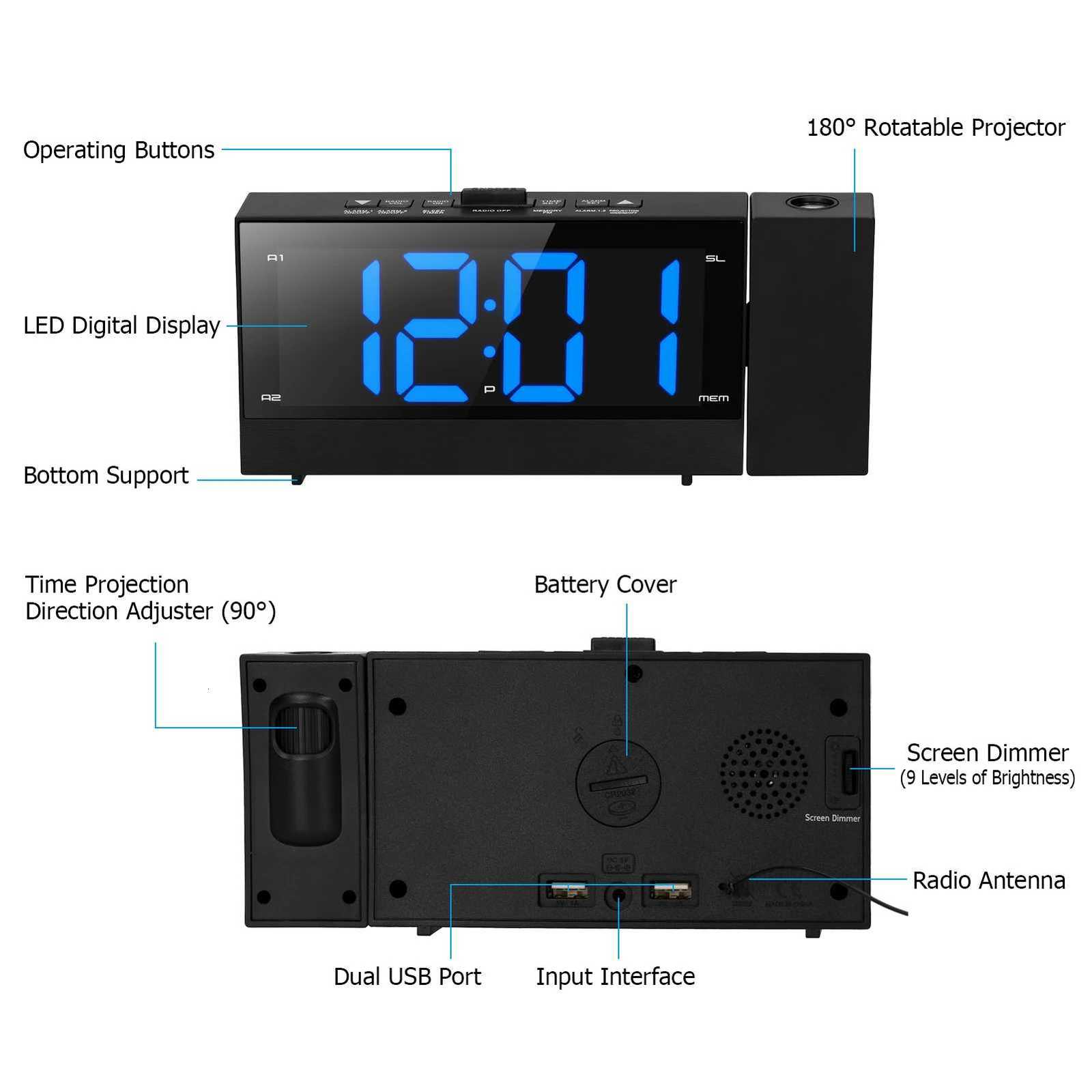 KKmoon 64in 3-in-1 180 Degree Clock Rotatable Projector Clock with Dual AlarmSnooze FM Radio Phone Charger Stepless Dimming M251205 - view 3