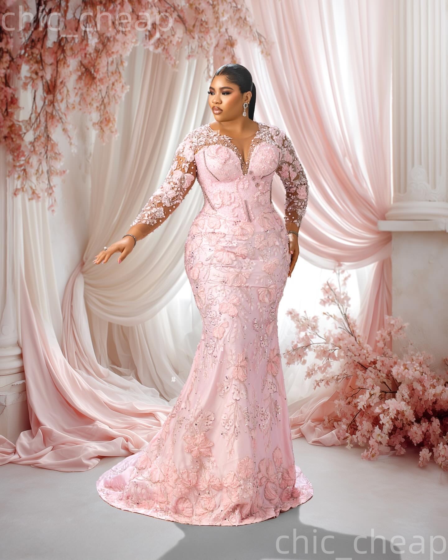 Aso Ebi Pink Mermaid Prom Dresses 2026 Crystals Pearls Floral Lace Evening Formal Party Second Birthday Engagement Gowns Plus Size Dress For Special O