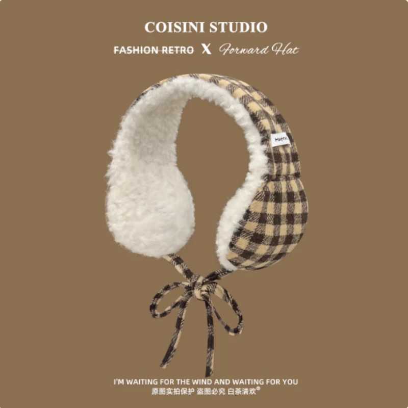 Korean Color-blocked Plaid Plush Earmuffs Womens Winter Fashion Literary Art Thickened Cycling Ear Protection Lace-up HeadbandXJ251205 - view 4