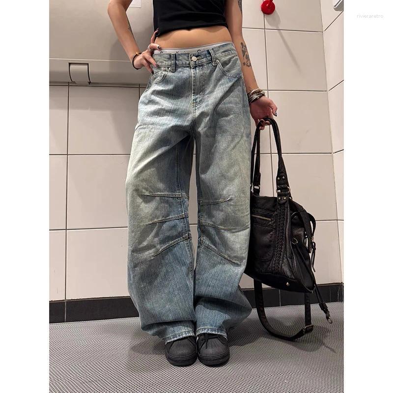 Women's Jeans Korean Fashion Vintage Y2K 2000s Blue Washed 2025 Autumn Loose High Waisted Straight Leg Pants Female Clothing Z260313