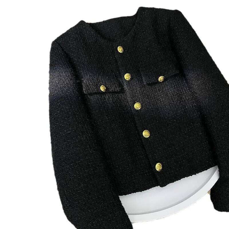 Fashion 2026 Black Fluffy Lined Crew Neck Short Jacket French Style Thick Tweed Top For Small Stature Hot Sale Of The Season New Arrival Prem Designer