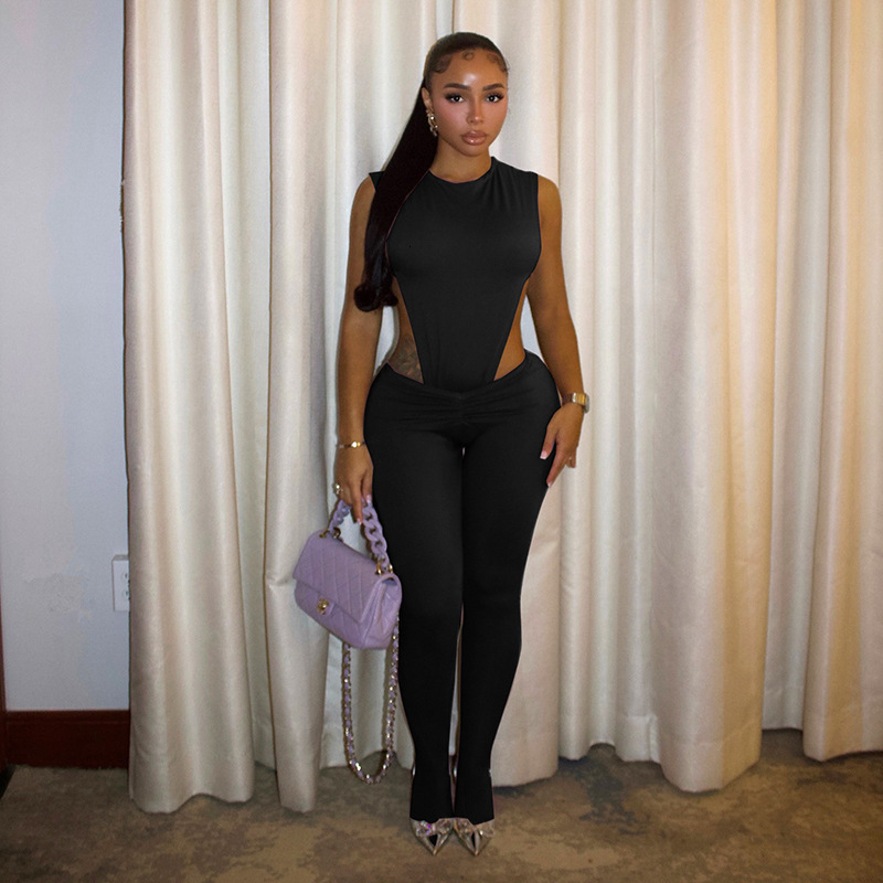 J25ST290 Hot Girl Womens Sleeveless Side Hollow Out Bodysuit Tight Long Pants Two-Piece Set 240808