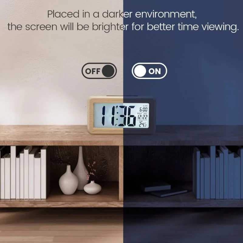 1PC Clock with Large LCD Backlit Display Alarm Clock Wooden Bedside Temperature Snooze Function Brightness Sensor M251205 - view 6