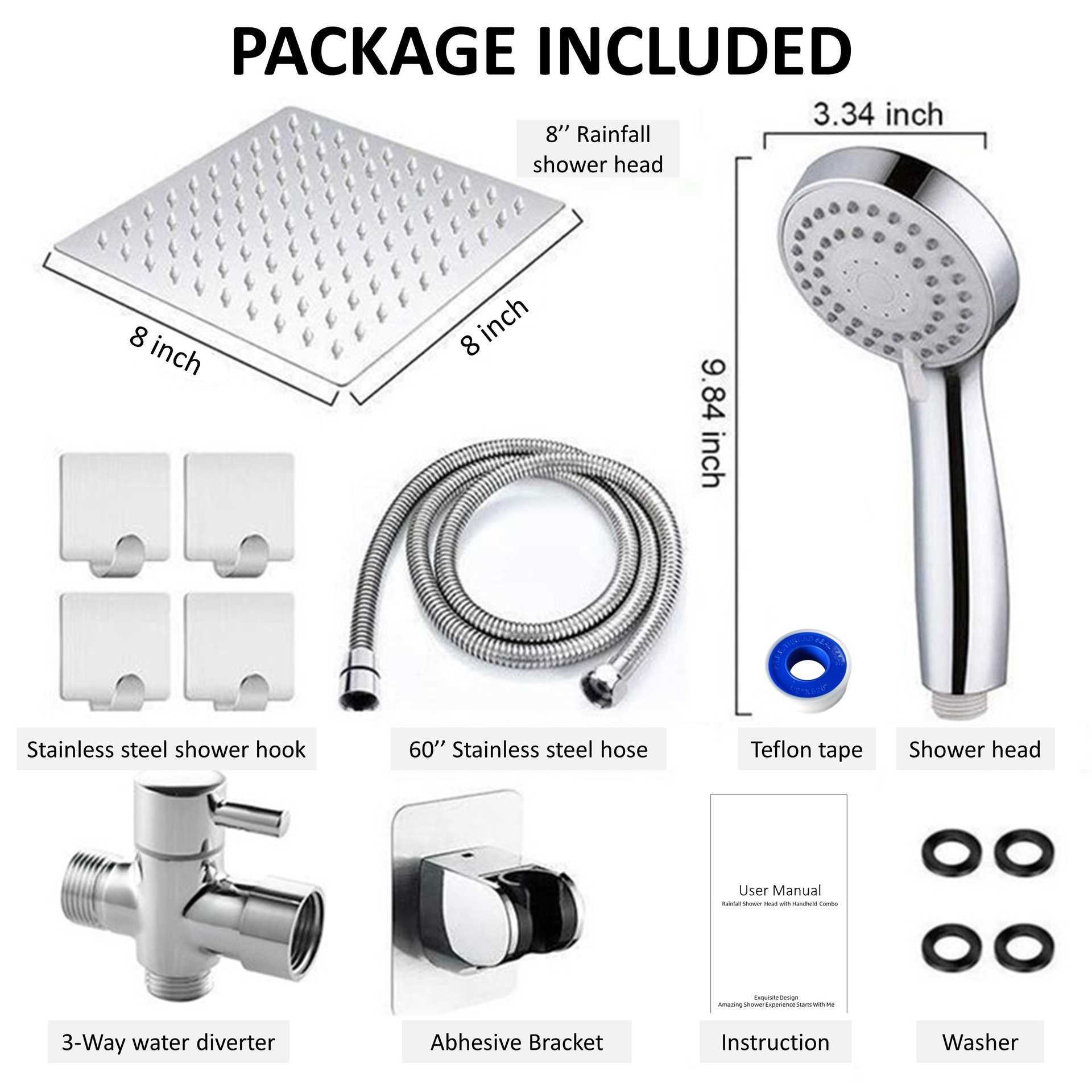 Bathroom shower kit - 8-inch stainless steel shower head with 3 functions - handheld shower head with dual shower heads S25125