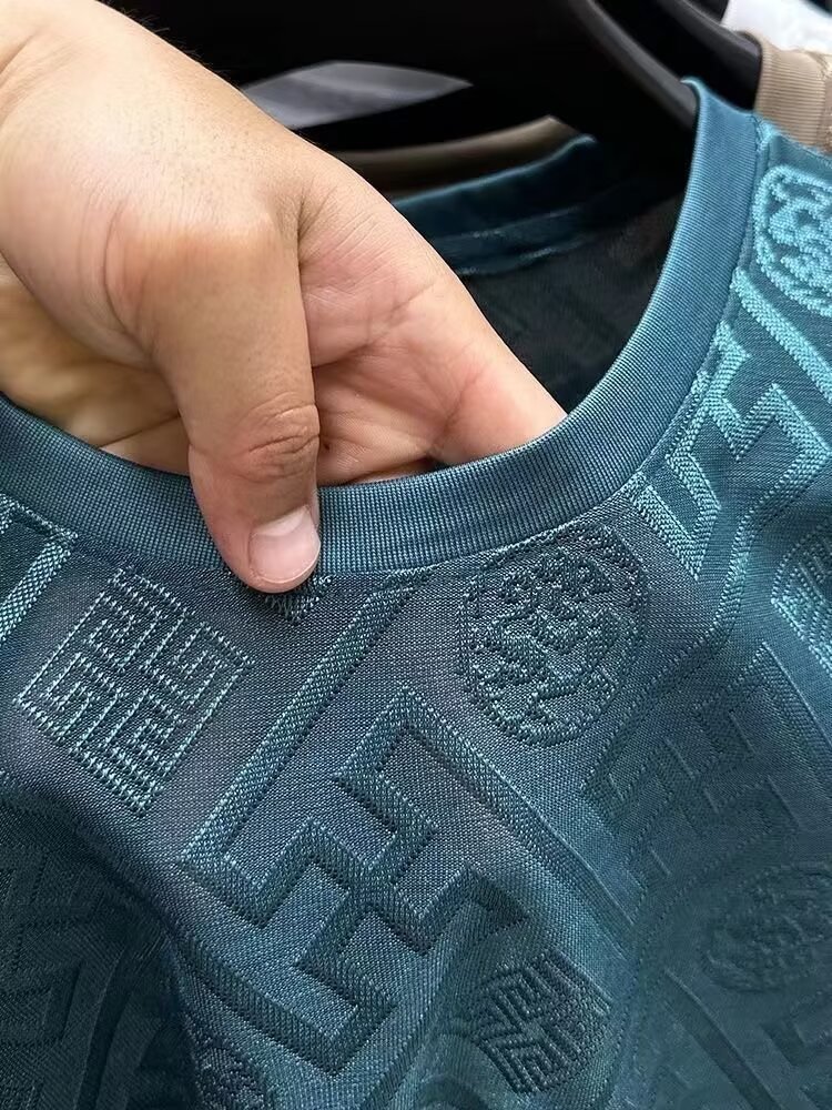 Ice silk short-sleeved polo shirt men jacquard 2026 loose trend Round Neck Casual Breathable Top