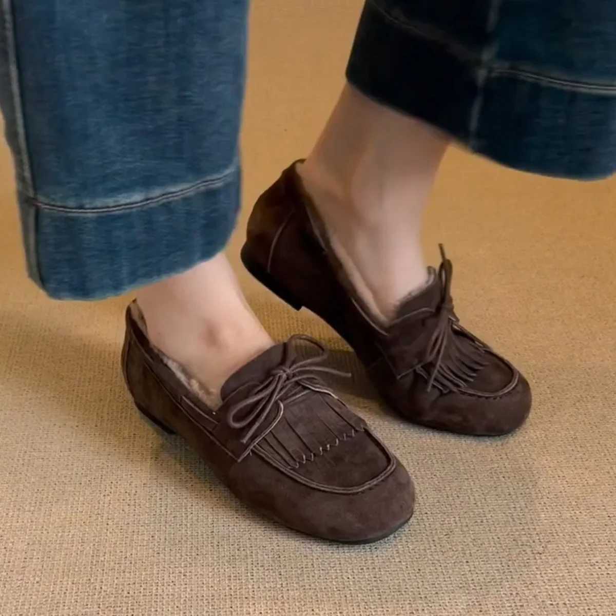 Suede Loafers Shoes Fur Flats Boots Woman 2025 Trend Winter Fashion Designer New Brand Walking Cozy Casual Warm Sneakers Mujer W251205