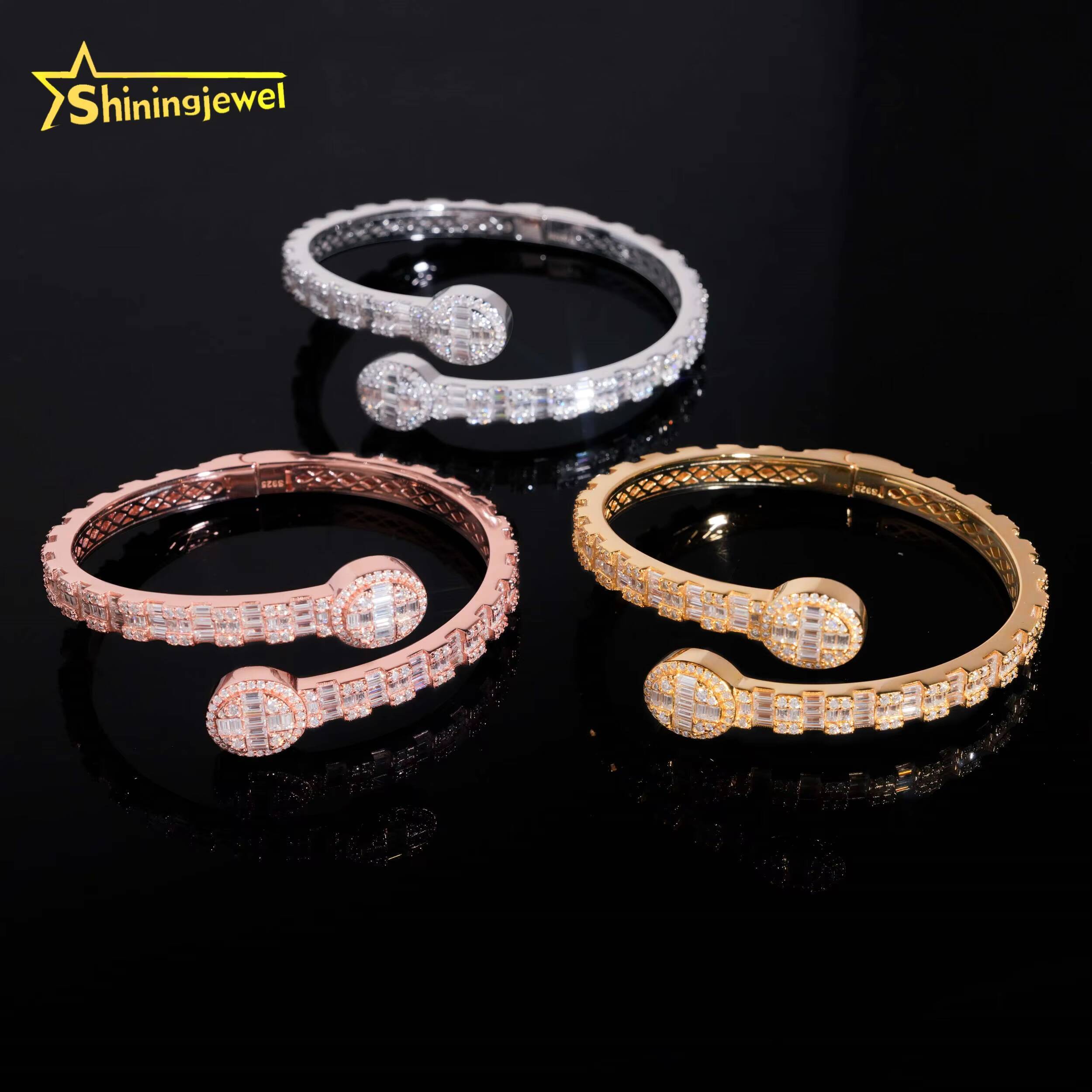 Pass Tester 925 Sterling Silver Hip Hop Jewelry Iced Out Baguette Moissanite Diamond Oval Shape Bracelet Bangle
